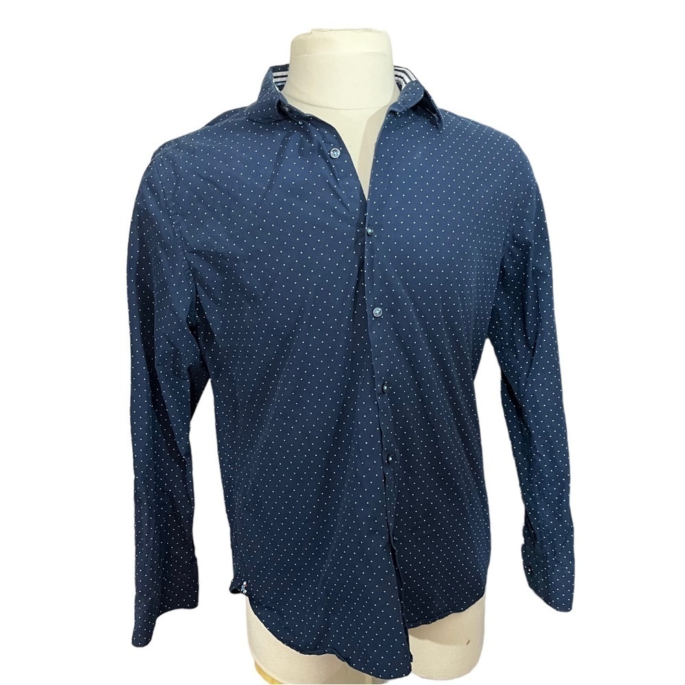 Denim & Flower Ricky Singh Navy & Periwinkle Dots Long Sleeve Button-Up Sz XL